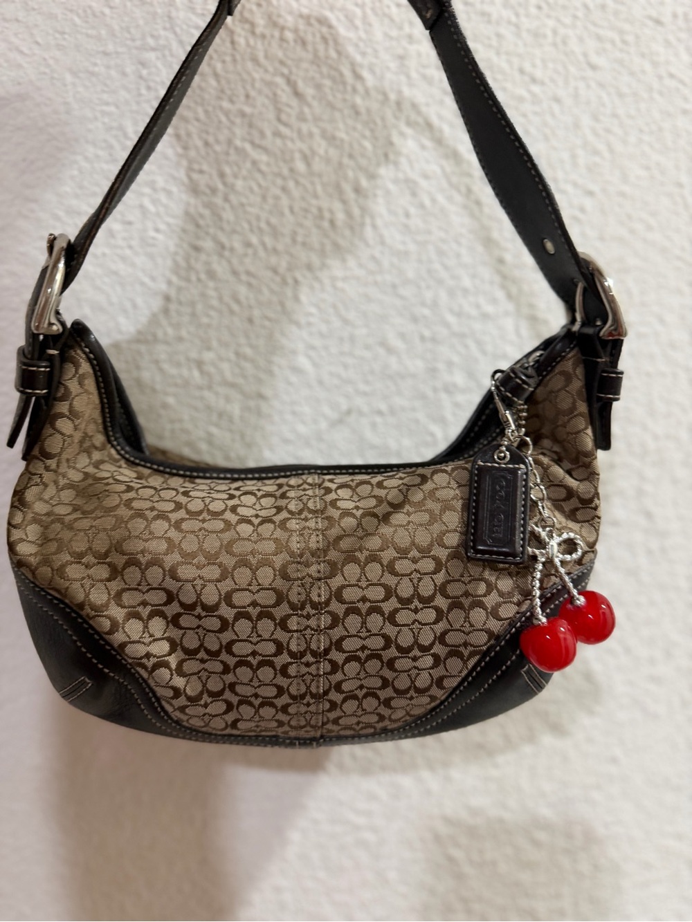 Coach Monogram Shoulder Bag in Tan with Red Cherry Charm